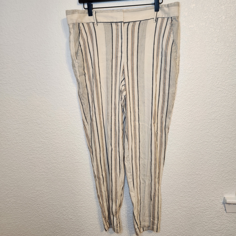Ann Taylor Loft Linen Pants Women Sz 12 Straight Leg Beach Summer Striped - Picture 2 of 16